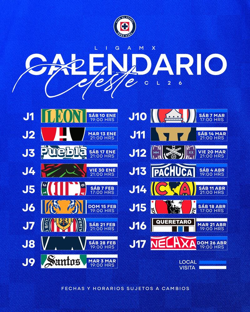 Calendario general de Cruz Azul | Clausura 2026