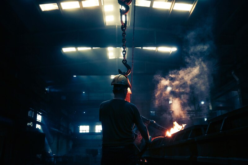 Trabajador de la industria siderúrgica vierte metal fundido en un molde