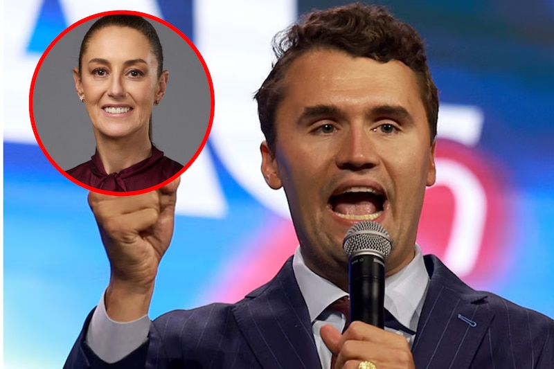 Composición fotográfica de Charlie Kirk y la presidenta Claudia Sheinbaum