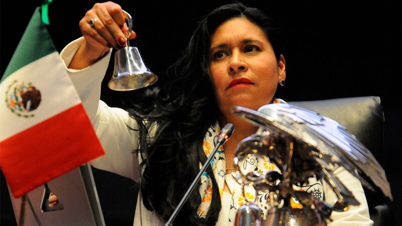 La presidenta de la Cámara de Diputados, Laura Rojas, toca la campana para iniciar la sesión.