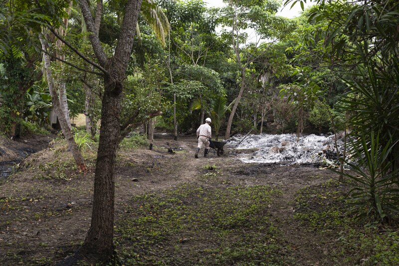 Un trabajador limpia un derrame de petróleo en la selva