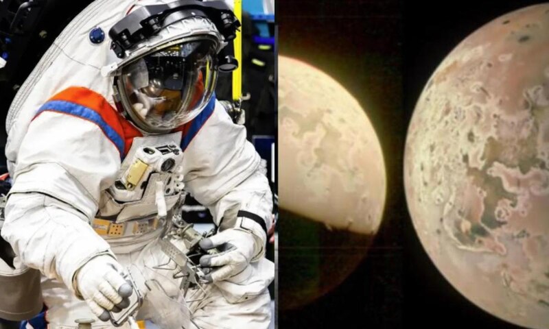 Un astronauta de la NASA realiza una caminata espacial con el planeta Marte de fondo.