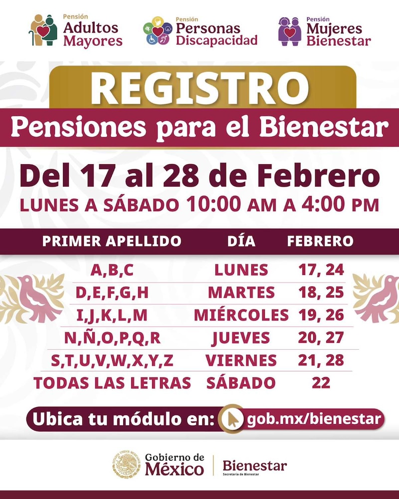 Calendario Registro Pensión Mujeres Bienestar