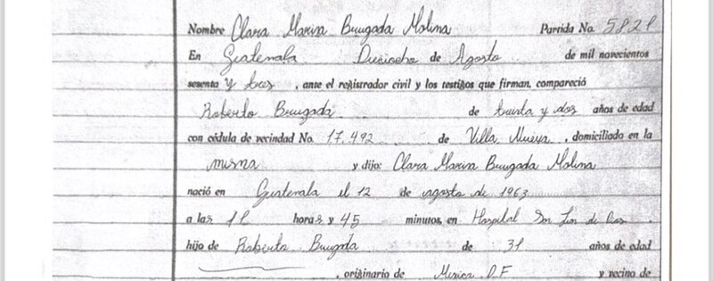 Documento de nacimiento de Clara Marina Bugada Molina