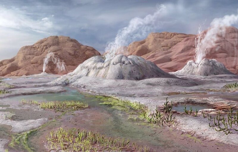 Un paisaje volcánico con géiseres y fumarolas