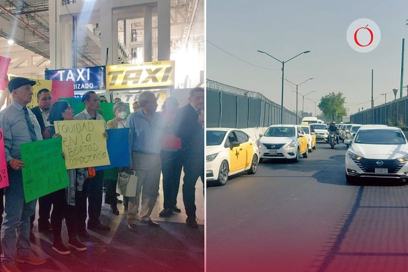 Un grupo de taxis autorizados del Aeropuerto Internacional de la Ciudad de México (AICM) se manifestó este miércoles en la Terminal 2