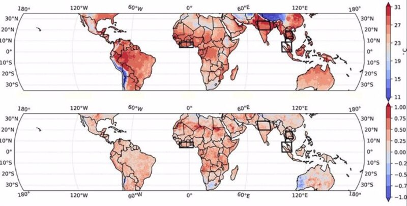 Mapa de la distribución de la temperatura superficial del mar