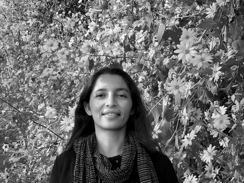 Mujer joven en un campo de flores