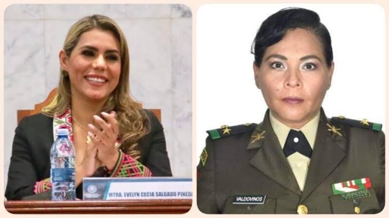 La gobernadora Evelyn Salgado Pineda y la Secretaria de la Defensa Nacional, Rosa Icela Rodríguez Velázquez, durante una conferencia de prensa.