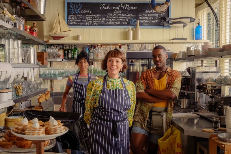 Sunita Mani, Olivia Colman, and Ncuti Gatwa in THE ROSES.