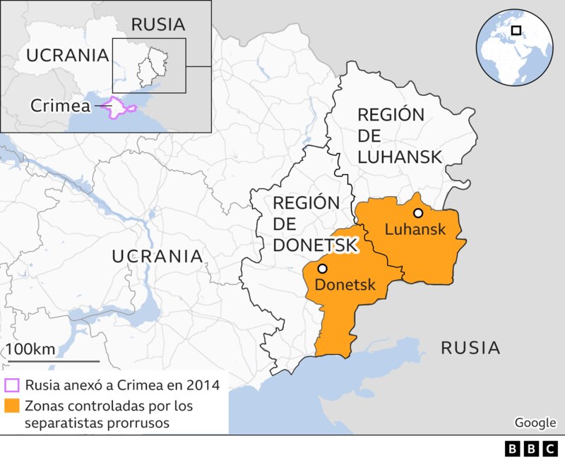 Mapa de Ucrania con las regiones de Donetsk y Lugansk