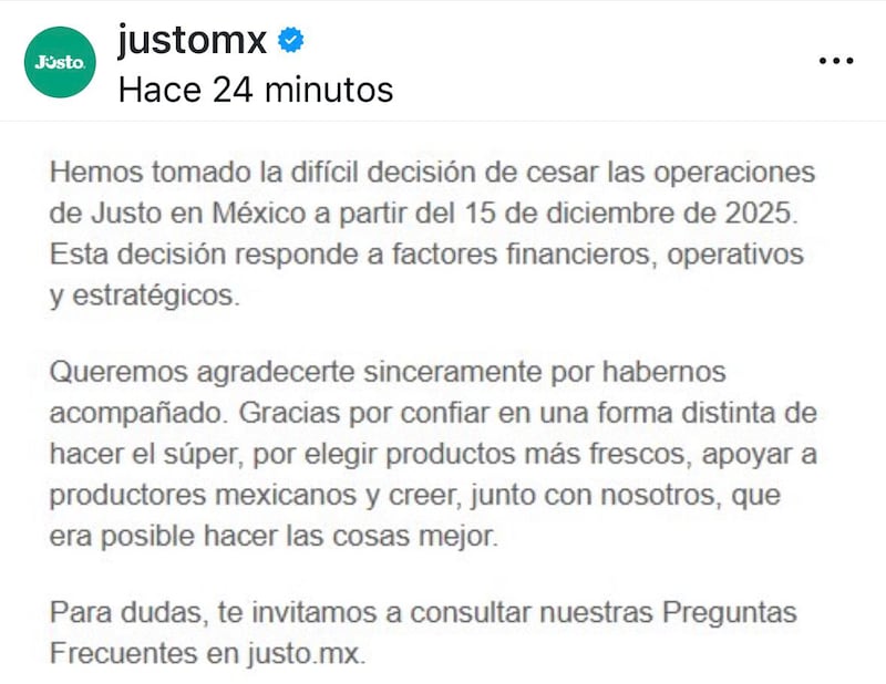 Jüsto anunció oficialmente que cesará operaciones en México a partir del 15 de diciembre de 2025