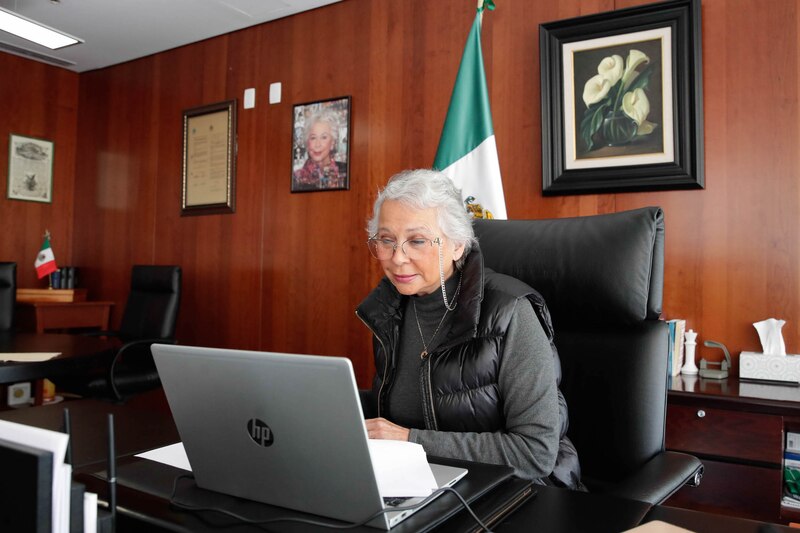 La Secretaria de Educación Pública, Delfina Gómez Álvarez, durante una videoconferencia en su oficina.