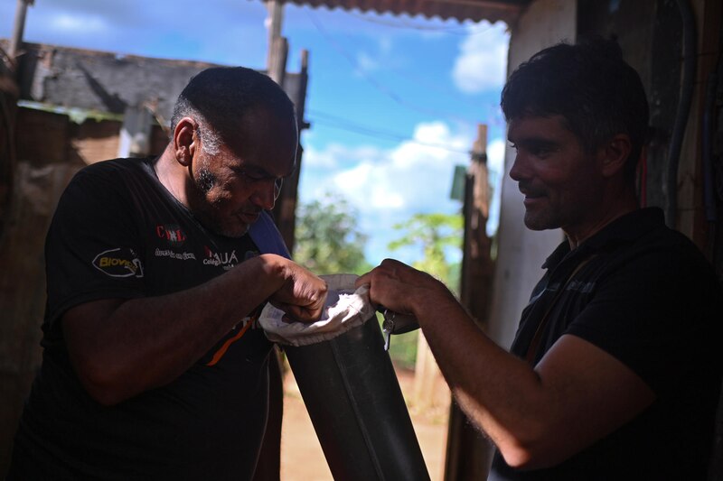 Dos hombres cosechando miel en una zona rural