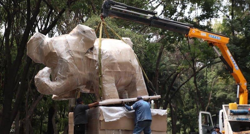 Un elefante de cartón es izado por una grúa en un parque de la Ciudad de México