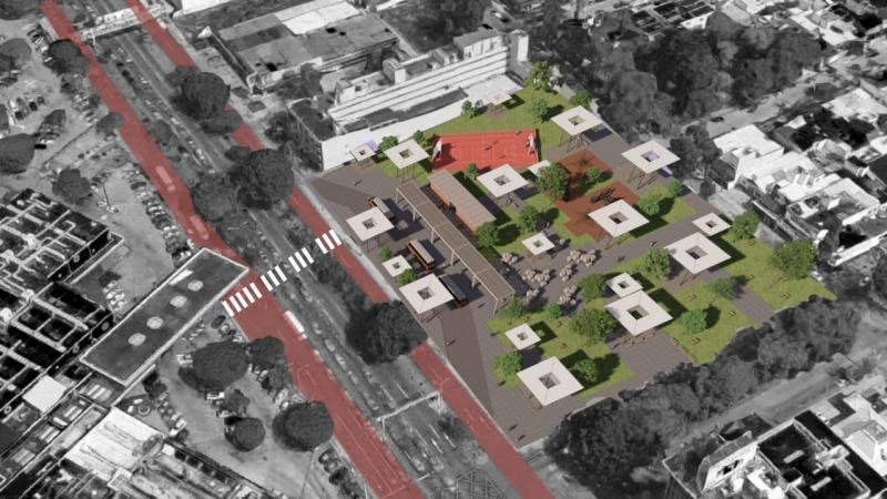 Diseño conceptual de una estación urbana sostenible con ciclovía, áreas verdes y accesos peatonales seguros en la zona de Plaza del Sol, Guadalajara.