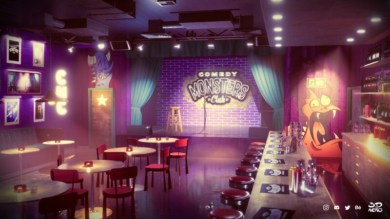 Un club de comedia con un escenario, mesas y sillas, y un bar