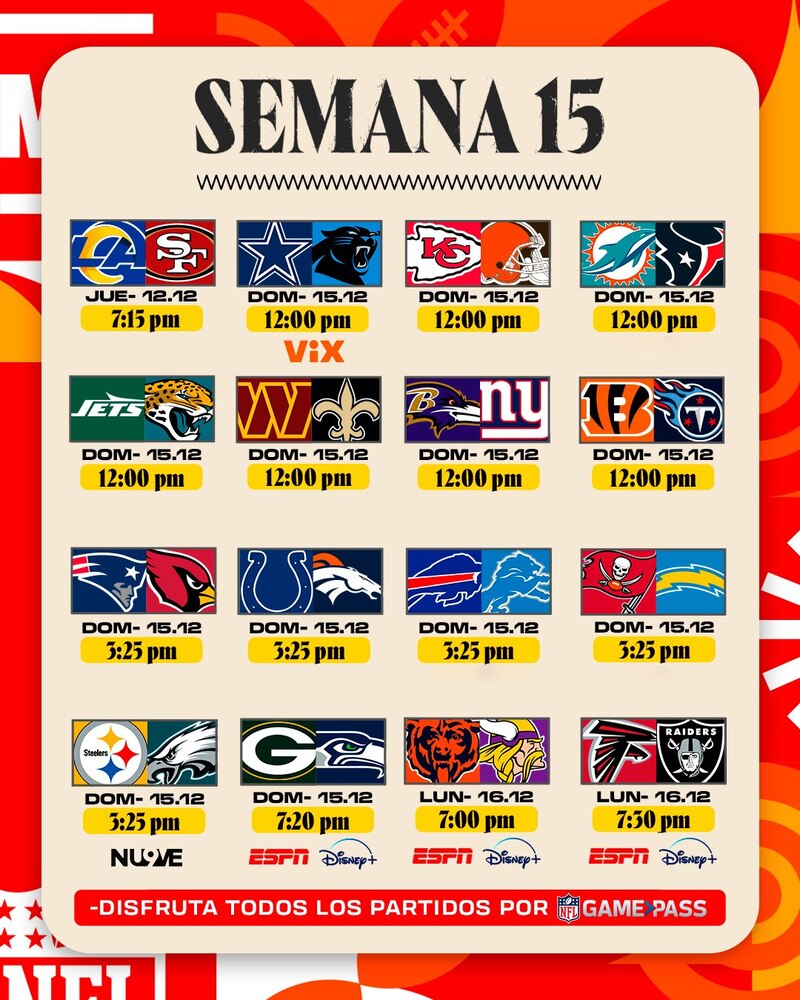 Partidos, fechas, horarios y canales de transmisión de la semana 15 de la NFL 2024.