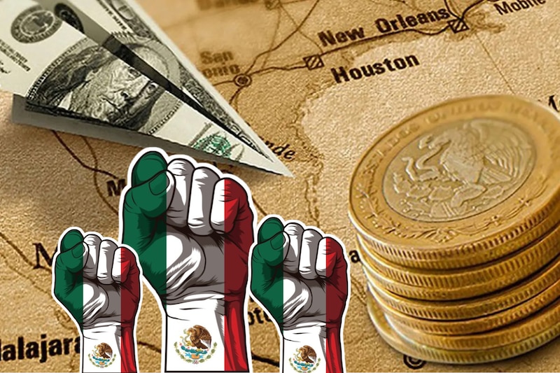 Composición fotográfica con un dólar, monedas mexicanas y puños pintados con la abndera mexicana