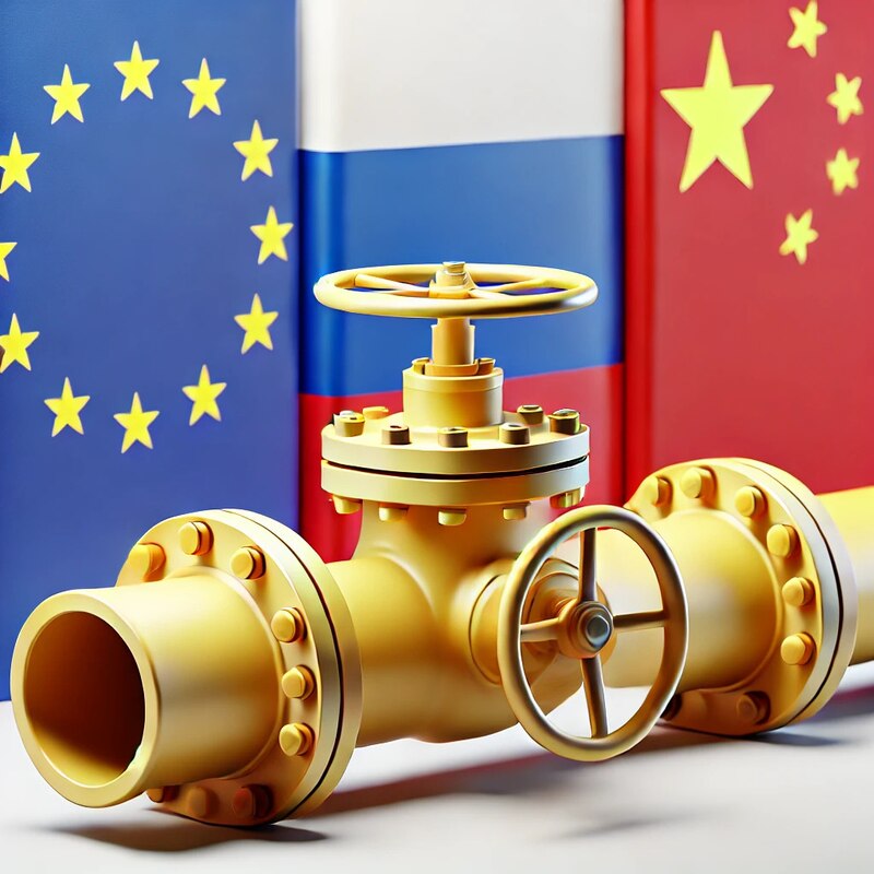 Banderas de la UE, Rusia y China con un tubo de gas superpuesto, representando la competencia energética global.