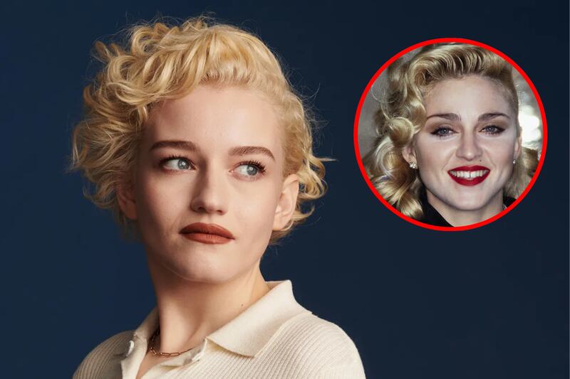 Composición fotográfica con la foto de la actriz Julia Garner y la cantante Madonna
