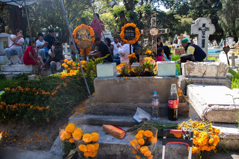 Title: Ofrenda del Día de Muertos en un cementerio mexicano