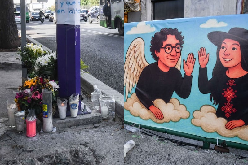 Memorial de Jesús Muñoz y Ximena Guzmán. Veladoras y carteles puestos en el lugar del ataque sobre calzada de Tlalpan.