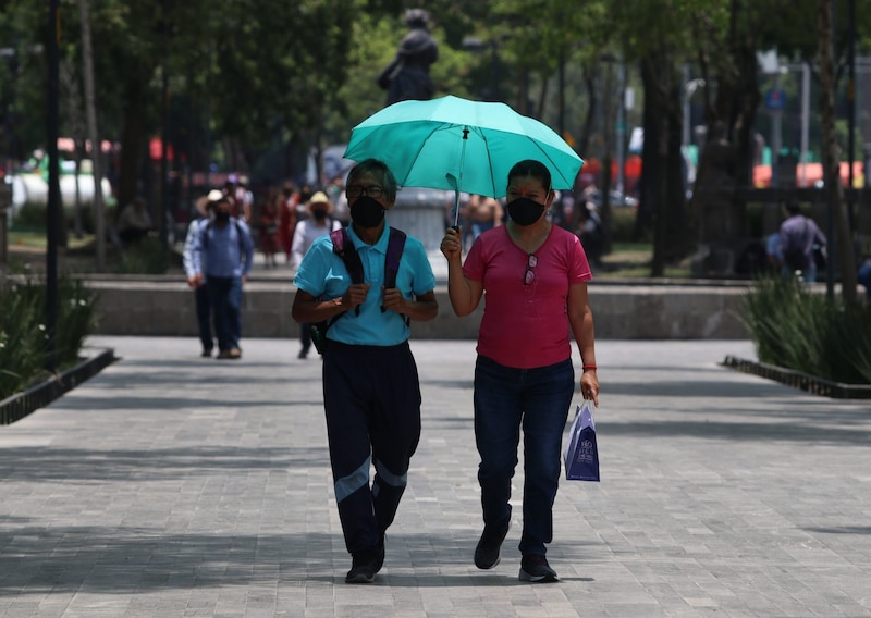 Una pareja de ancianos camina por un parque en la Ciudad de México