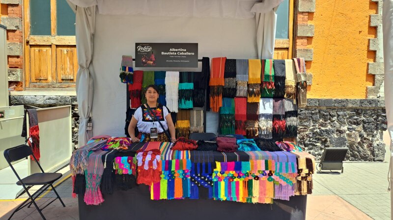 Artesana mexicana muestra sus productos en un mercado local