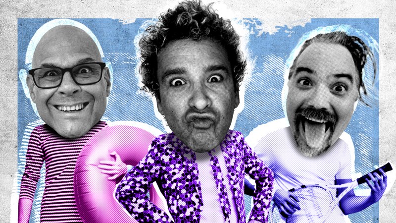 Tres hombres con la cara cambiada con edición digital sonríen a la cámara.