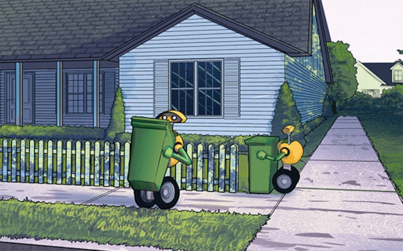 Dos robots llevan cubos de basura por la acera de una casa