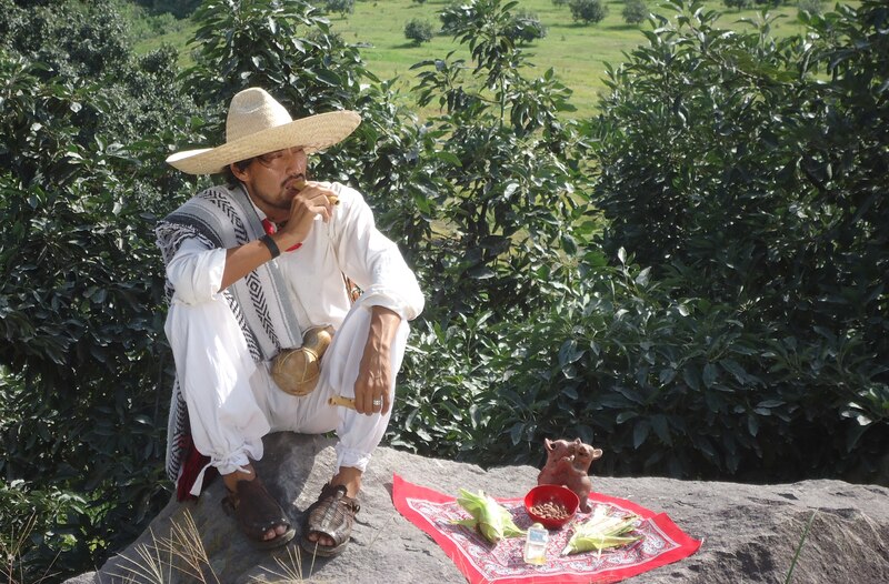 Un hombre tocando la flauta en el campo