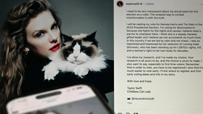La cantante Taylor Swift anuncia su voto por Kamala Harris y Tim Walz en las elecciones presidenciales de 2024