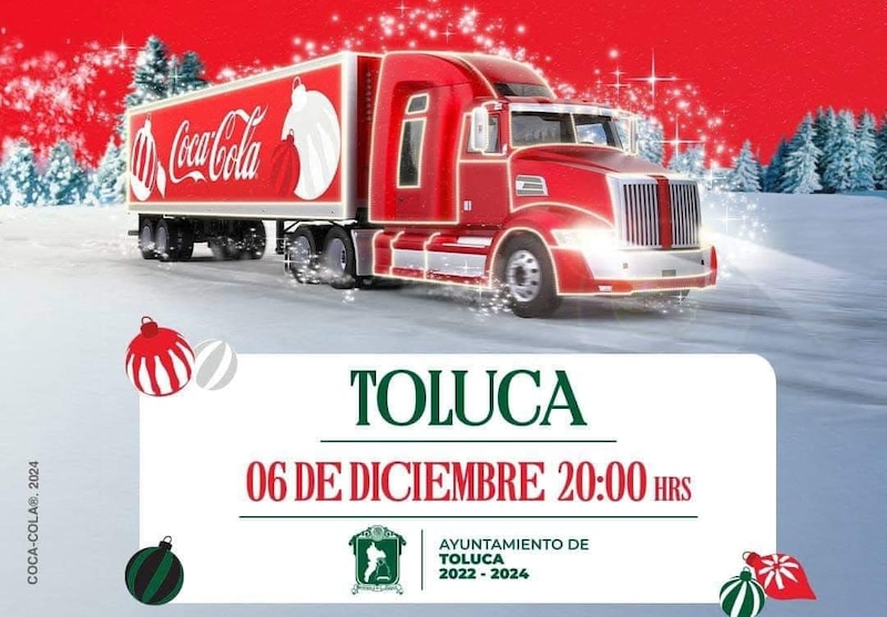 Cartel oficial de la Caravana Coca-Cola 2024 en Toluca que comenzará a las 20:00 horas.