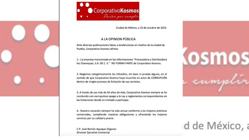 Corporativo Kosmos se deslinda de empresa acusada de corrupción