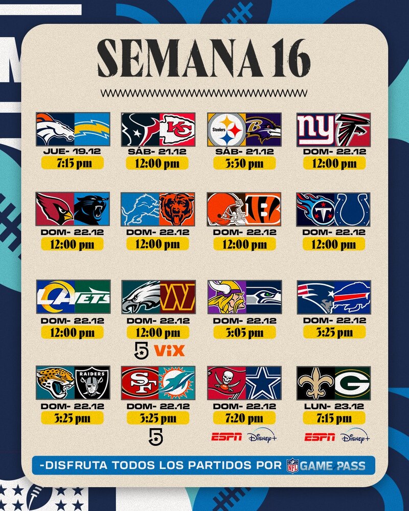 Lista de partidos, fechas, horarios y canales de transmisión de la semana 16 en la temporada regular de la NFL 2024.