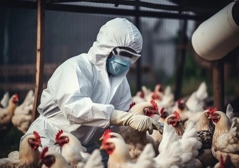 Veterinario examinando pollos en una granja avícola