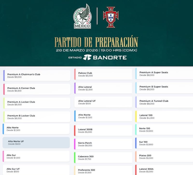 Así es la lista oficial de precios de las entradas para el partido reinaugural del Estadio Azteca (Estadio Banorte) que enfrentará a México y Portugal.