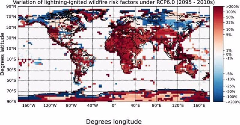 Variación de los factores de riesgo de incendios forestales provocados por rayos en el RCP6.0 (2095 - 2010s)