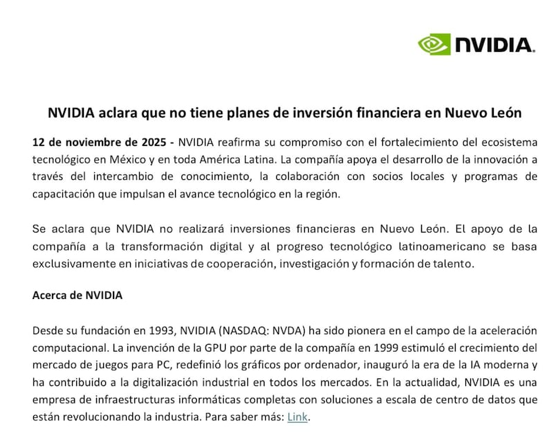 La empresa de tecnología e IA desmintió el anuncio del gobernador de Nuevo León sobre una supuesta inversión millonaria en el estado.