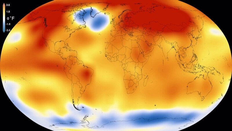 El mapa muestra la temperatura media de la superficie terrestre en grados Fahrenheit.