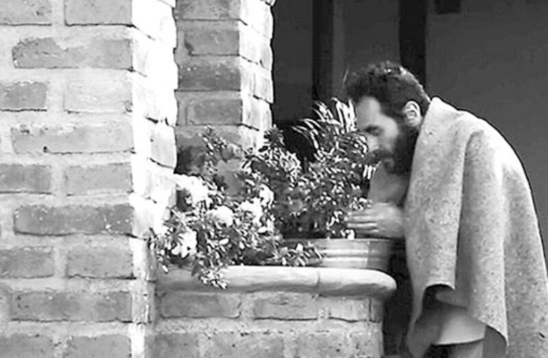 Un hombre huele unas flores