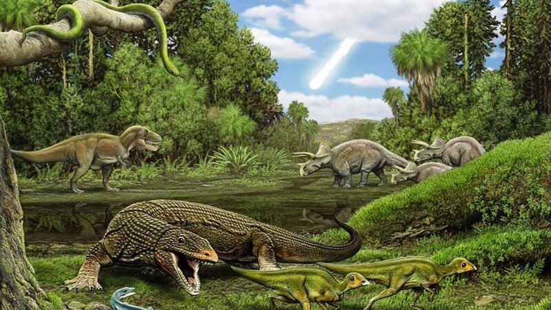 Un reptil gigante ataca a un dinosaurio