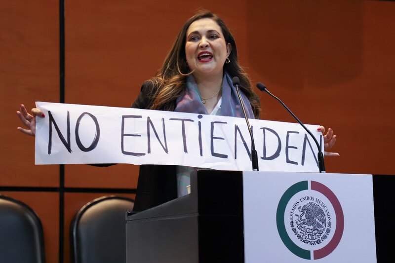 Cynthia López Castro, diputada del PRI, muestra una manta con la leyenda "No Entienden", durante la discusión de la Reforma Judicial