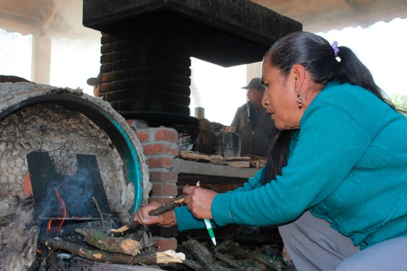 Mujer indígena cocinando en un fogón tradicional