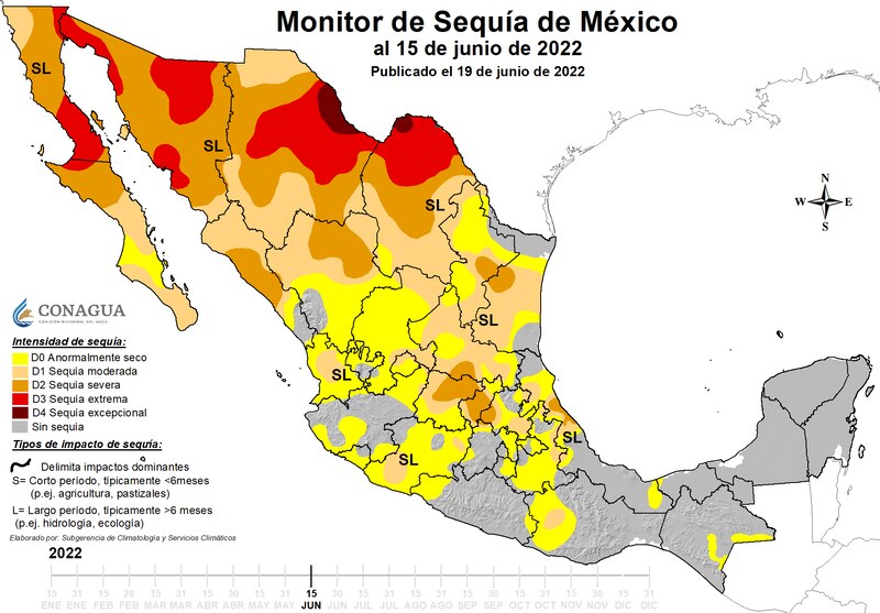 Monitor de Sequía de México al 15 de junio de 2022