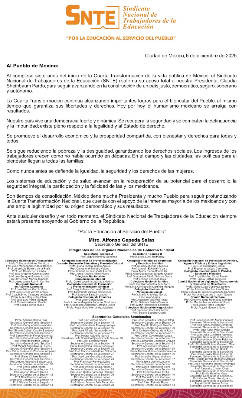 SNTE refrenda apoyo a Sheinbaum