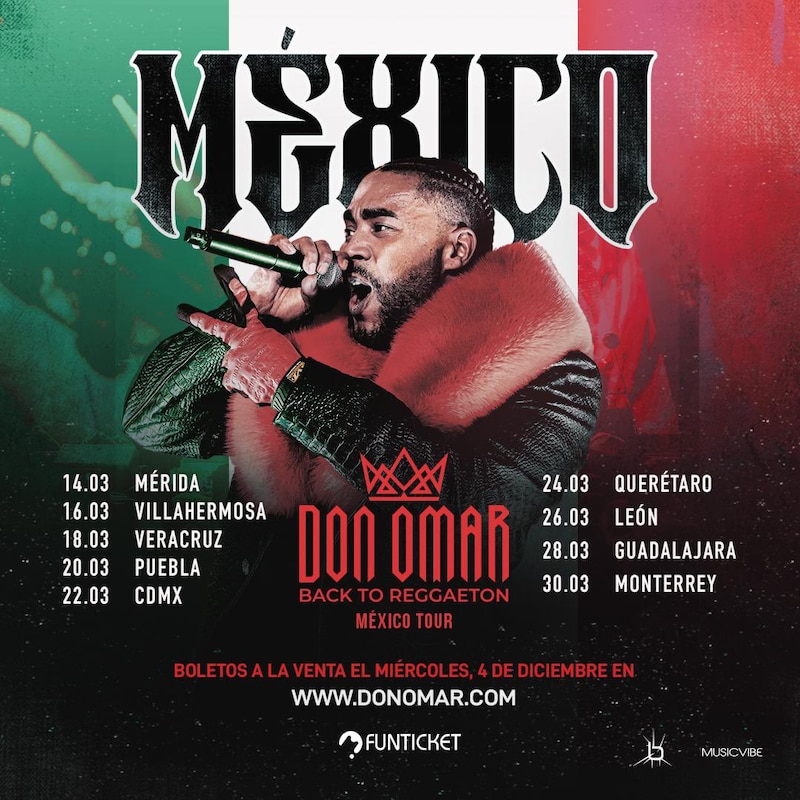 Cartel oficial que anuncia las fechas y ciudades de los conciertos para ver a Don Omar en México durante marzo de 2025