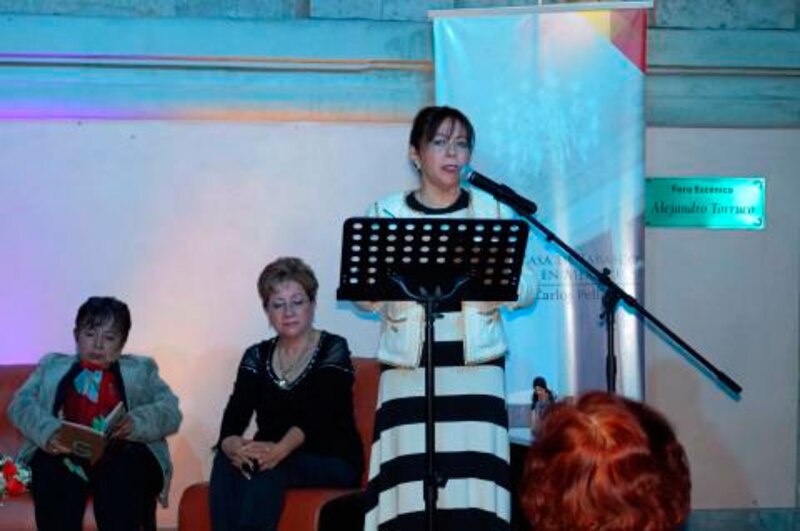 Escritora dando un discurso en un evento