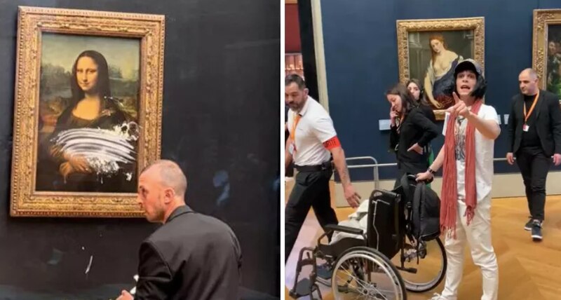 Activista en silla de ruedas arroja un pastel a la Mona Lisa en el museo del Louvre